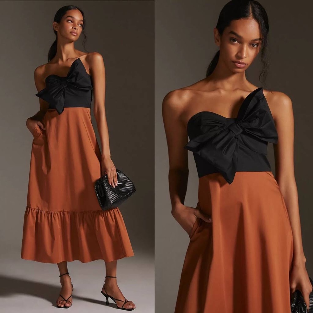 Anthropologie Hutch Bow-Tie Maxi Dress in Black Motif, Size 2